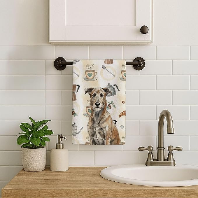 Caroline's Treasures Brindle Irish Wolfhound Coffee Bar Kitchen Towel Velour Plush Front and Cotton Loop Back Machine Washable