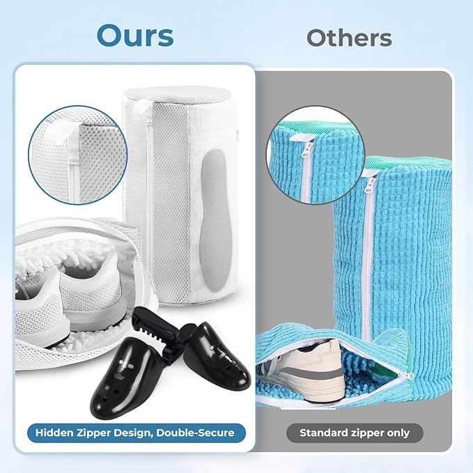 2PCS XXL Shoe Washing Machine Bag with Adjustable Shoes Trees - Heavy Duty Reusable Shoe Laundry Bag for Washer and Dryer - 360° Deep Clean & Protect Chenille Microfiber Sneakers Wash Bags - White