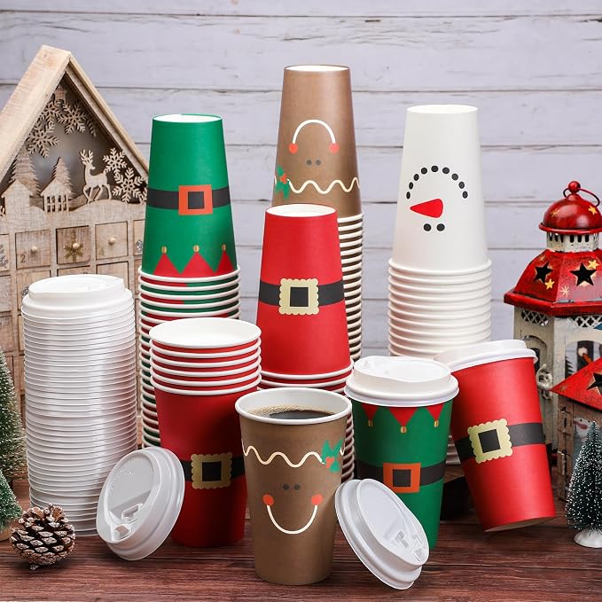 Dandat 12 oz 72 Pcs Christmas Coffee Paper Cups with Lids Disposable Christmas Paper Cups for Hot Cocoa Tea Beverage Holiday Xmas Party Supplies