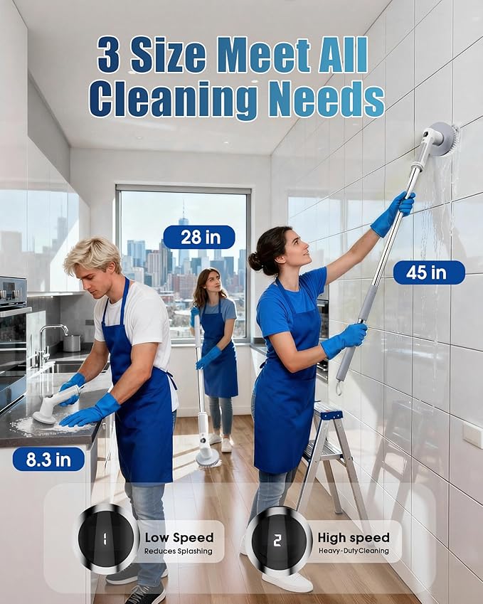 Electric Spin Scrubber, 2026 Electric Scrubber for Cleaning 4000mAh 2 Speed Shower Scrubber with Adjustable Handle IPX7 Waterproof Long Runtime Scrub Brush with 5 Heads for Bathroom Kitchen Tub