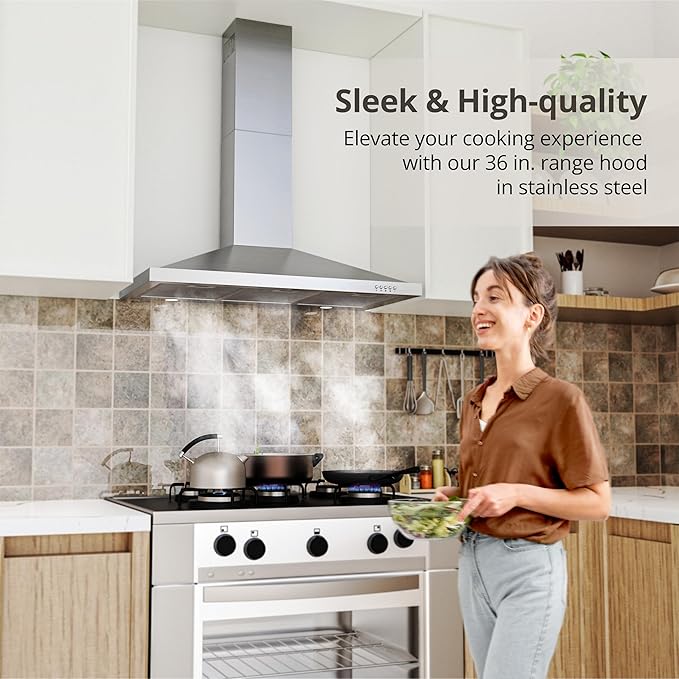 FIREGAS Range Hood 36 inch with Ducted/Ductless Convertible, 450 CFM Stainless Steel Wall Mount Chimney-Style Kitchen Hood, Over Stove Vent Hood with 3 Speed Fan, Charcoal Filters