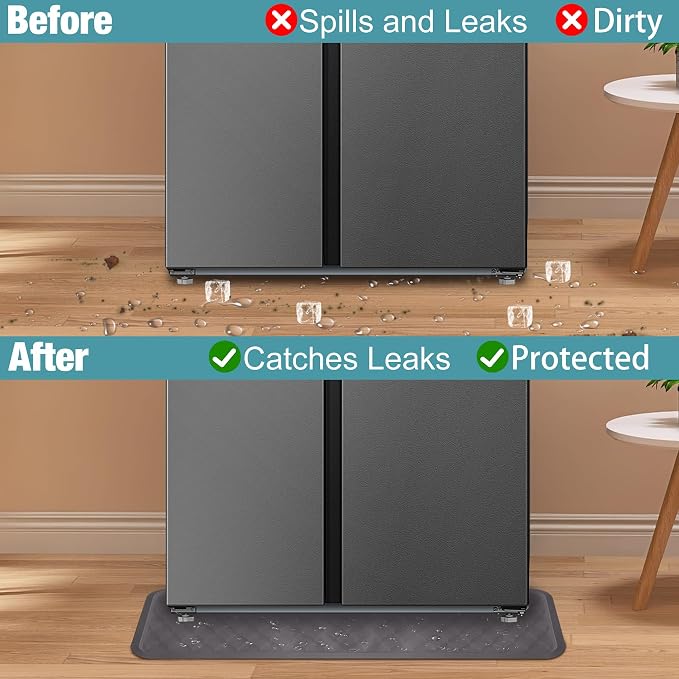 ToLanbbt Refrigerator Spill Mat - 37.5'' x 8.5'' Silicone Under Fridge Floor Protector with Raised Edge, Leak Catcher Liner Drip Tray for Refrigerator Washing Machine, Dryer, Wine Cooler, Gray
