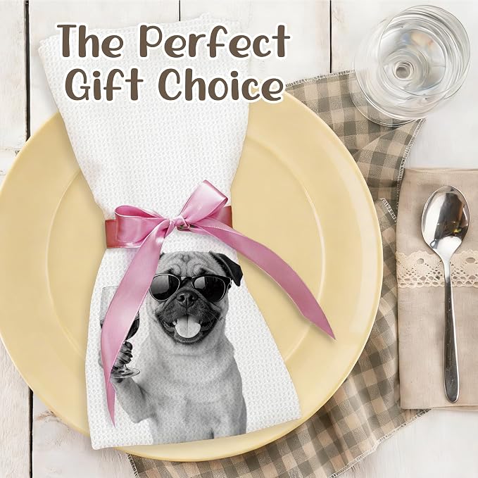 Funny Pug Kitchen Towels Set of 2, Dog Kitchen Bar Accessories, Dog Chef Gifts for Women Decorative Hand Towels for Kitchen Decor, Pug Lovers Dish Tea Towel, 16x24 Inch