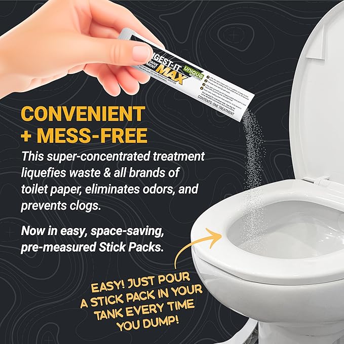 Unique RV Digest-It Max RV Toilet Treatment Stick Packs, 15 Count, No-Mess, Pre-Measured, Grab-N-Go Black Holding Tank Treatment, Liquifies Waste and Paper, Odor Eliminator