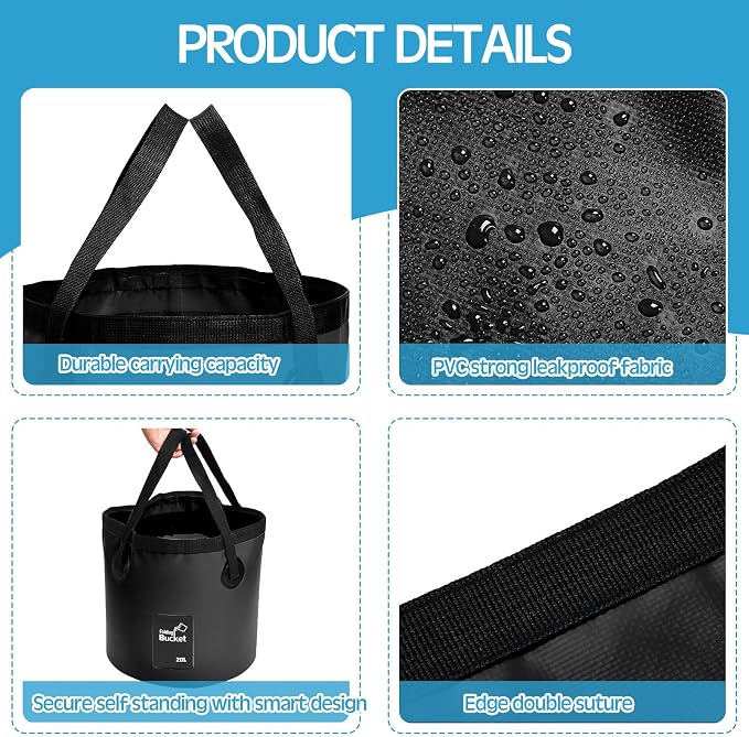 20L 3 Pack Collapsible Bucket, Foldable Water Bucket with Handles, Portable Camping Buckets for Fishing, Hiking, Cleaning, Outdoor & Travel Use (Black)