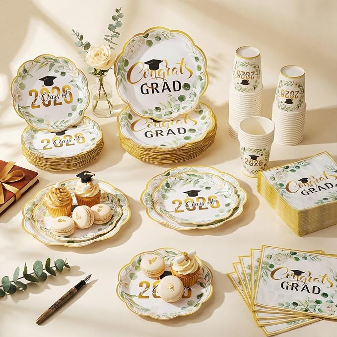 Pickmesh 250 Pcs Class of 2026 Graduation Party Supplies for 50, Sage Green Gold Floral Congrats Grad Paper Plates Napkins Cups Disposable Graduation Party Tableware Set for Grad Table Decoration