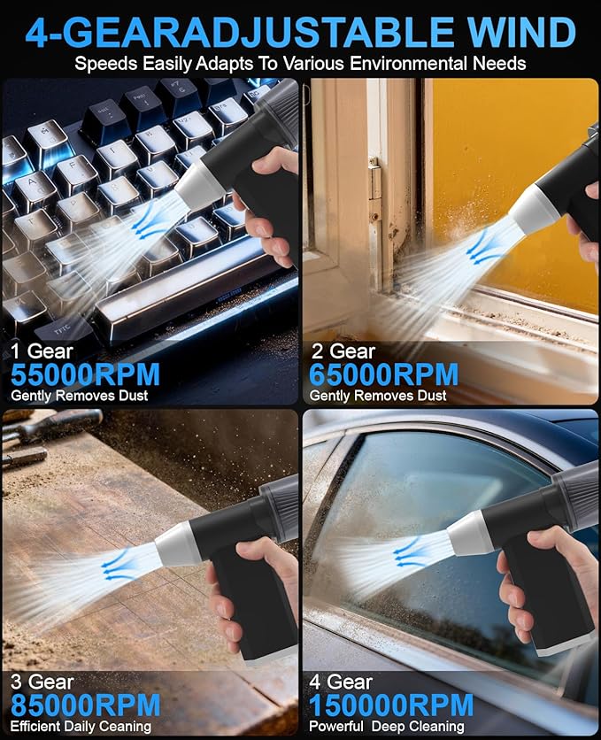 2 in1 Compressed Air Duster and Vacuum, 150000 RPM Powerful Cordless Electric Air Duster, 4 Gear Adjustable Mini Handheld Blower, Rechargeable Car Vacuum for Computer,Keyboard,Electronic,Home,Outdoor