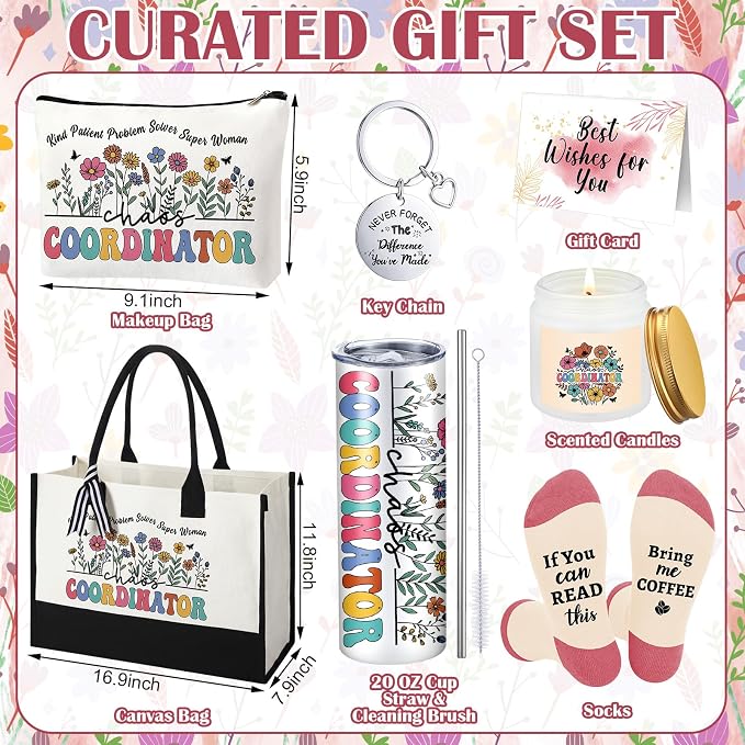 Patelai 7 Pcs Chaos Coordinator Gifts for Women Funny Thank You Coordinator Basket, Self Care Set with 20oz Tumbler Tote Bag Socks Candle Unique Problem Solvers Gift for Coworker Employee Lady Manager