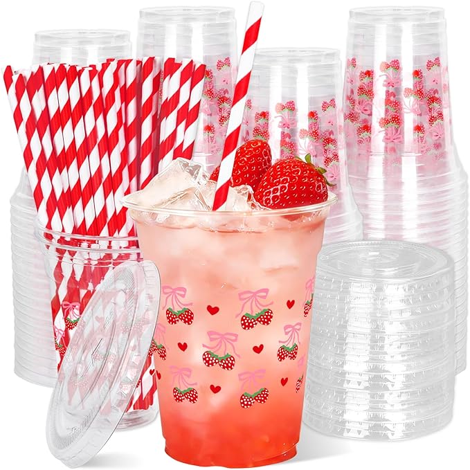 JarThenaAMCS 50Pcs Pink Bow Strawberry Disposable Plastic Cups with Lids and Straws 12Oz Cute Bowknot Strawberry Cold Beverage Drinking Cups for Summer Birthday Wedding Party Supplies