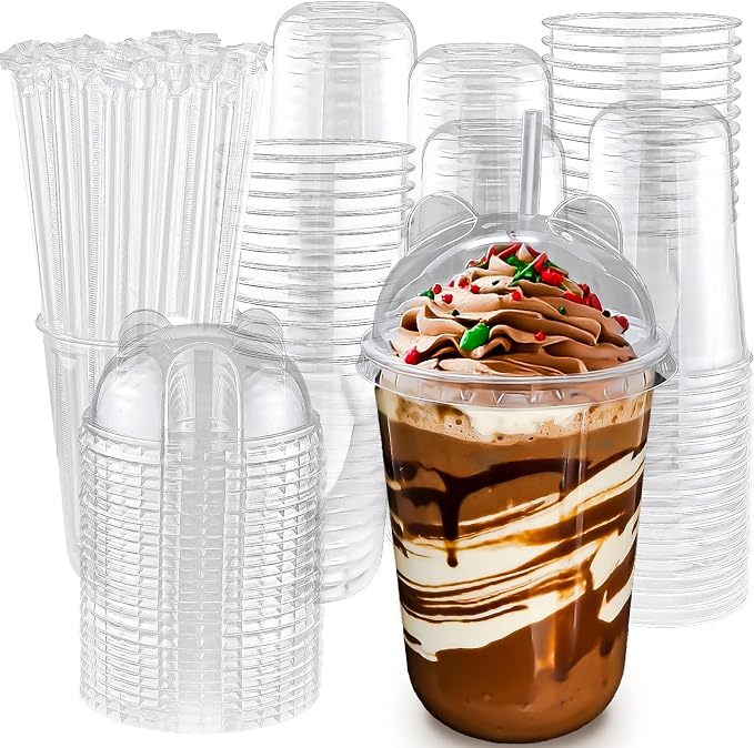 Qsqwsuye 16oz 100 Set Disposable Plastic Cups with Dome Lids and Straws, Clear Iced Coffee Cups with lids, Round Bottom Plastic Cup for Milkshakes Juice Beverages Holiday Party Outdoor Picnic Supplies