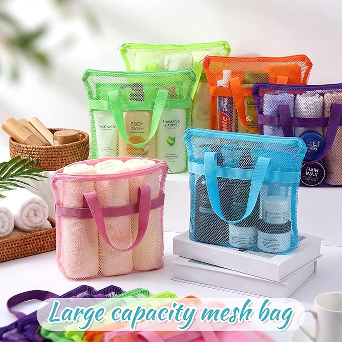 20 Pcs Mesh Shower Caddy Bags Portable Mesh Beach Bags Bulk with Zipper & 2 Pockets Hanging Toiletry and Bath Organizer for Gym Swimming Travel Camping College Dorms Beach (Fluorescent Color)