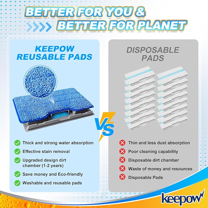 KEEPOW Reusable Mop Replacement Pads Compatible with Shark Vac Mop VM252 VM200 VC205 VM250 /QM250 VM190 VM200P12, Washable Vacuum Mop Pad Refills, Upgraded Design of Dirt Chamber
