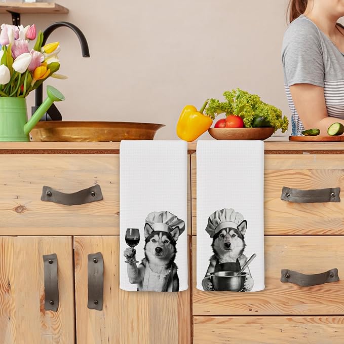 Funny Chef Husky Kitchen Towels Set of 2, Husky Dog Gifts for Women Dish Tea Towels for Kitchen, Dog Mom Lovers Owner Gifts Decorative Hand Towel, 16x24 Inch