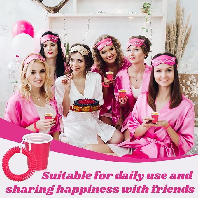 30 Pcs Hot Pink Shot Cups with Wristband for Party 2oz Plastic Shot Glasses Bulk Disposable Mini Shot Glasses with Bracelet Wear On Solo Cups for Bachelorette Party Wedding Birthday Graduation
