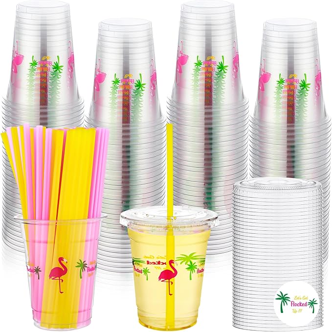 Blushtier 100 Sets 12 oz Clear Disposable Luau Cups with Lids & Straws, Flamingo Disposable Plastic Tropical Beverage Cups for Summer Tiki Party Supplies Birthday Bachelorette Drinkware Decorations