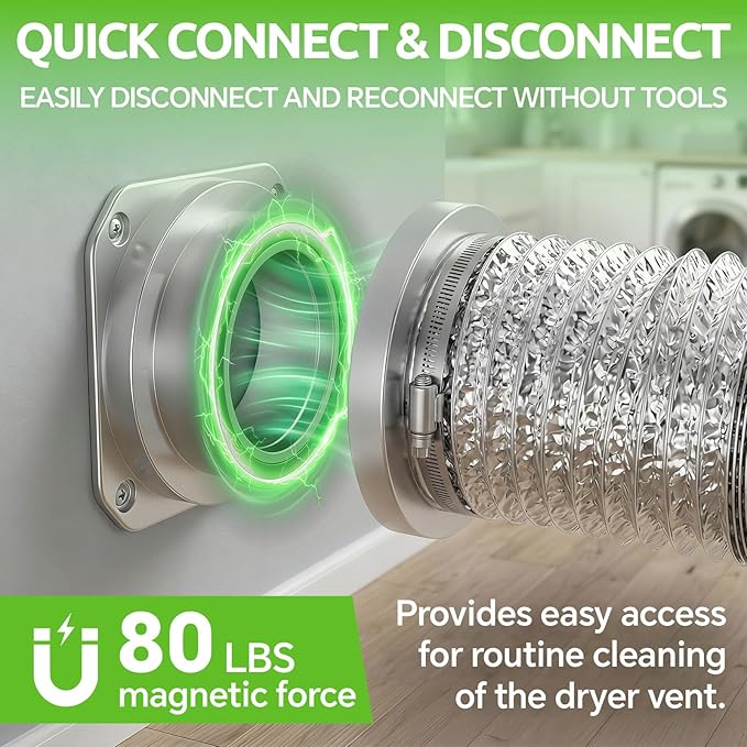 Magnetic Dryer Vent Connector Kit, Quick Connect & Easy Clean Dryer Vent Coupling with 4" Duct & Clamps for Family Home Safety