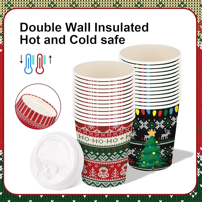 Gerrii 100 Set Christmas Paper Cups Disposable 12 oz with Lids Hot Chocolate Cups Coffee Cups Holiday Hot Cups for Hot and Cold Drinks Tea Water Bar Supplies Winter Season (Ugly Sweater Style)