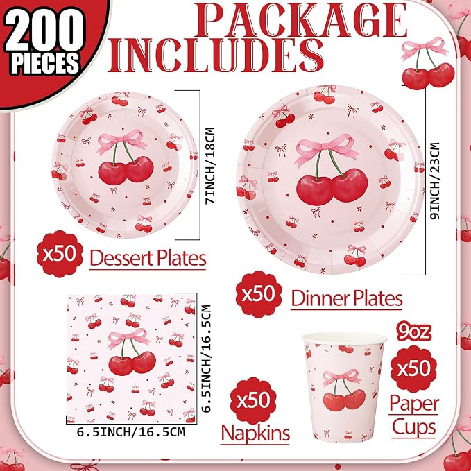 Zhehao 200 Pcs Cherry Decoration Baby Shower Plates Napkins Sets Birthday Party Bridal Shower Decoration Wedding Paper Plates Engagement Bachelorette Supplies, Serve 50
