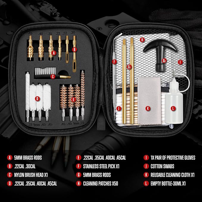 GLORYFIRE Universal Gun Cleaning Kit Fits .22 .357/9mm .38 .40 .45 Cal Handguns & Pistols Compact Carrying Case for Portability Multiple Styles with Brass or Plastic Jags & Tips for Shooting and Range