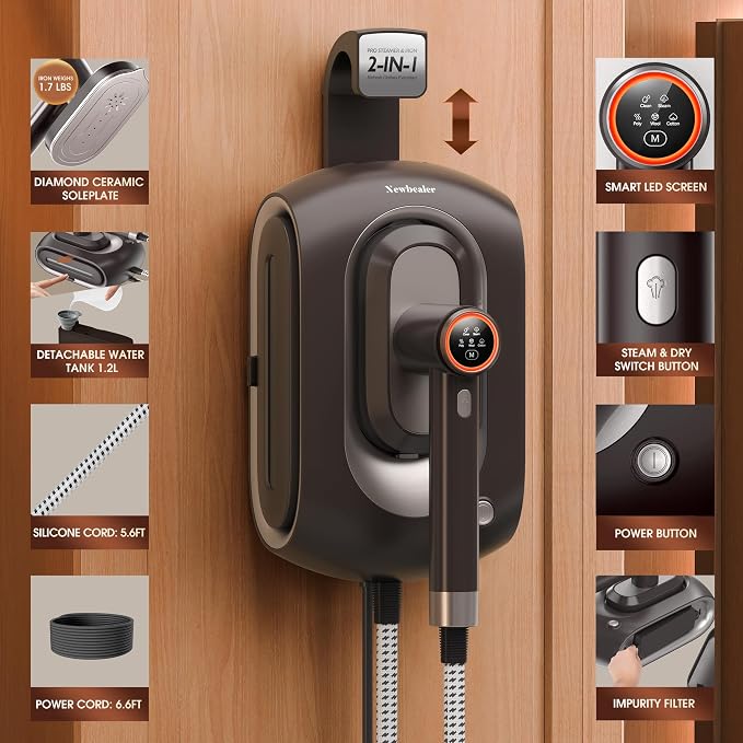 Newbealer 2In1 Pro Station Iron, 1550W Turbo Steam, 1.2L Tank (Brown) | Hanging Garment Steamer, 3-Level Steam & 3 Dry Ironing, 30s Heat Up, Self Clean, Auto-Off, Versatile for Home/Hotel/Boutique