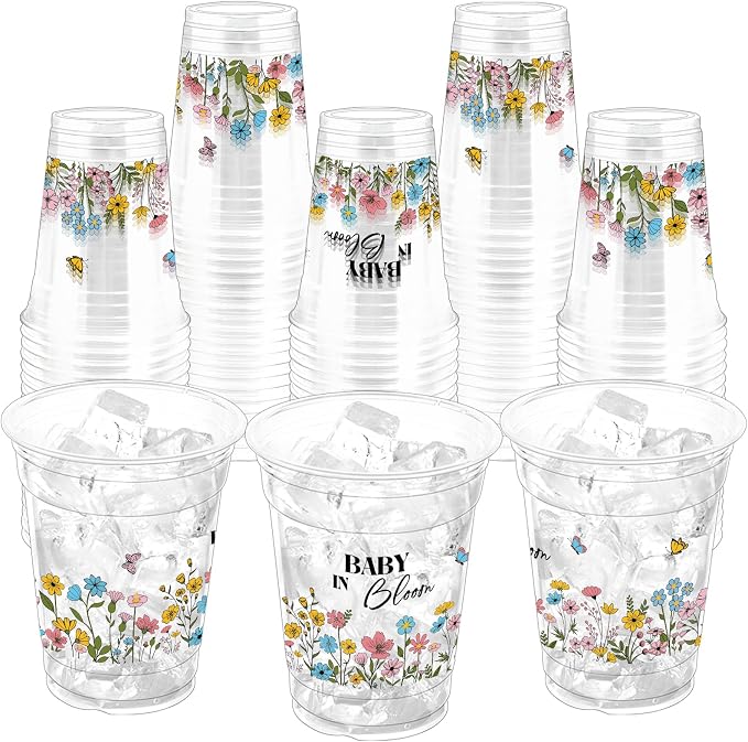 100Pcs Wildflower Baby Shower Plastic Party Cups, 12oz Wildflower Disposable Clear Cups for Baby Shower Party, Gender Reveal, Holiday Gatherings, Floral Theme Birthday Party Drinking Supplies