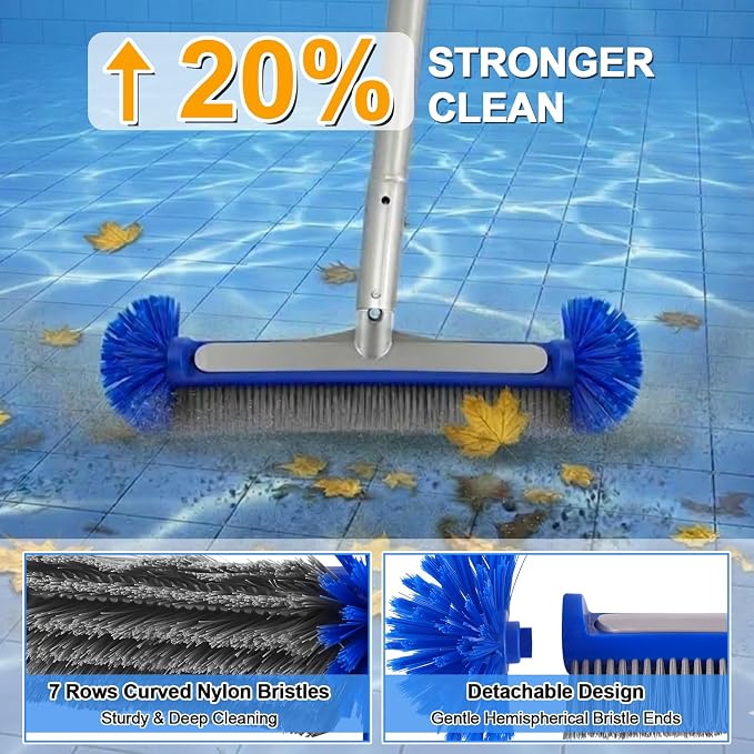 Heavy Duty Pool Cleaning Kit with Aluminum Pole, Wall Brush & Leaf Skimmer | 10.5FT Telescoping Pole, 17" Nylon Bristle Brush, Leaf Rake, Handheld Sponge brush, Fits Inground & Above Ground Pools