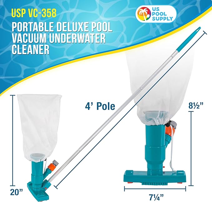 U.S. Pool Supply Above Ground Pool Vacuum Cleaner, Manual Pool Vacuum Cleaner, Spa Cleaner for Hot Tub, Ponds - 5 Section 4ft Pole, Mesh Leaf Bag, Telescopic Pole Attachment - Attaches to Garden Hose