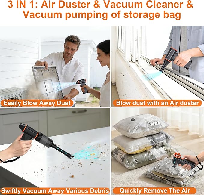 F32MAX Compressed Air Duster-150,000RPM Super Power Electric Air Duster and Vacuum Cleaner & Bag Vacuum Sealer 3-in-1，for PC Keyboard Cleaning, Car Interior Cleaning.