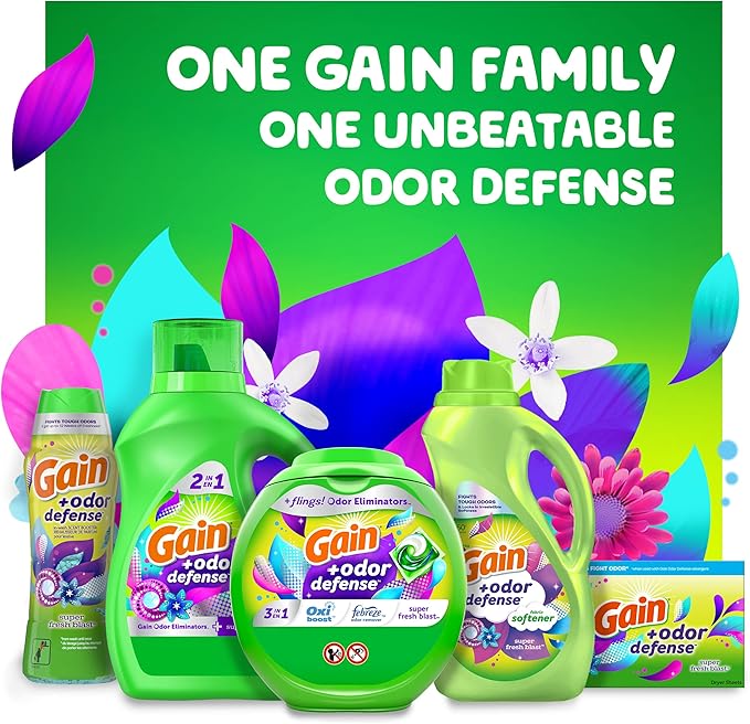 Gain Flings Laundry Detergent Pacs with Odor Defense, 102 Count, Super Fresh Blast Scent, HE 3in1 Detergent Pacs with Febreze and Oxi
