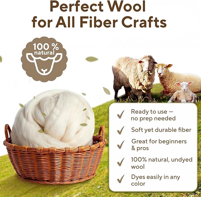 Wool Roving Top – 8 OZ Natural Corriedale, Bulk Pack, Best Core Wool for Needle Felting Wool, Wool Felting, Dryer Balls, Yarn Roving - Ethically Sourced, Processed in USA - White Ecru, 29.5 Micron