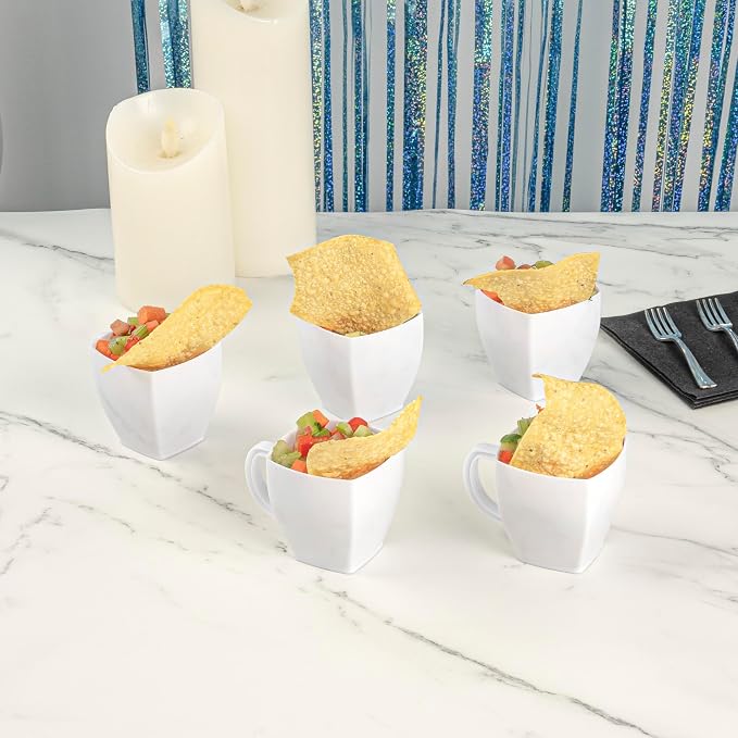 Restaurantware-5 Ounce Square Espresso Cups, 100 Disposable Plastic Coffee Cups - PS Plastic, With Handles, White Dessert Cup, For Catering Events, Parties, Weddings, And Cafes