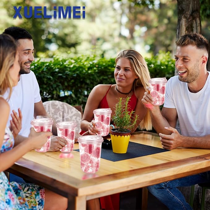 16oz Disposable Stemless Glasses With Strawless Sip Lids,PET Disposable Drinking Cups,Clear Plastic Wine Glasses for Parties Birthday,Wedding,Meeting,Christmas Party Supplies (50, Pink)