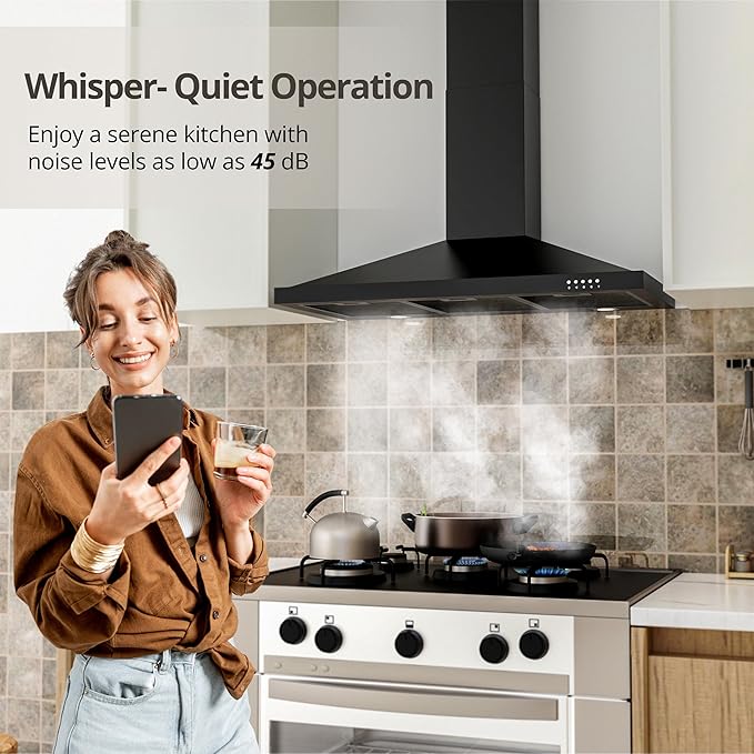FIREGAS Black Range Hood 36 inch with Ducted Convertible Ductless, Kitchen Wall Mount Chimney-Style Over Stove Vent, 3 Speed Exhaust Fan, LED Lights