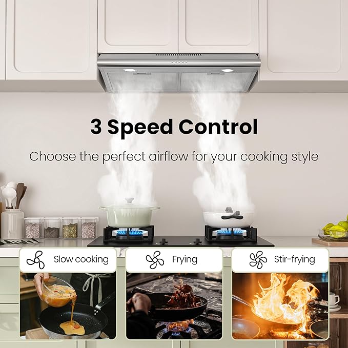 FIREGAS 30 Inch Under Cabinet Range Hood, 300 CFM Ducted/Ductless Kitchen Vent Hood Over Stove, 3-Speed Exhaust Fan with LED Light, Reusable Filter & Charcoal Filter, Stainless Steel