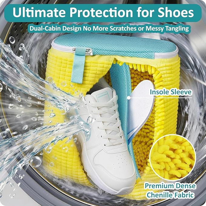 Upgraded Dual Compartment Shoe Washing Machine Bag, 420g Heavy-Duty Sneaker Laundry Bag with Clasp-Lock Zipper, Thick Chenille & Reinforced Seams for Maximum Protection, Yellow/Blue, 1-Piece