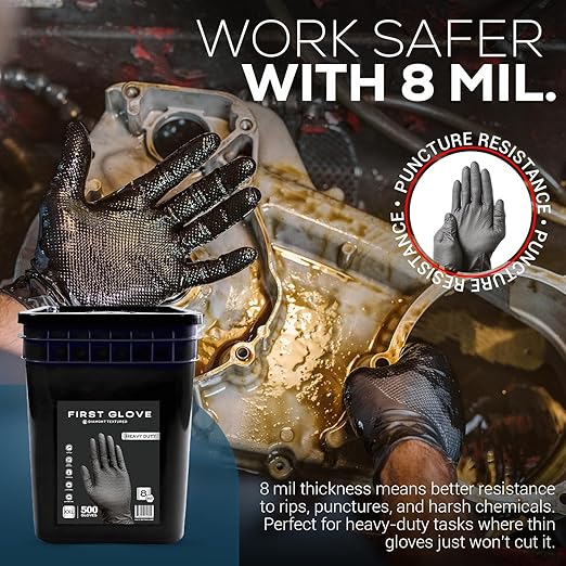 First Glove 8 Mil Black Nitrile Gloves Bucket - 500 Count 2X-Large Raised Diamond Textured Heavy Duty Industrial Gloves for Automotive & Mechanic Work - Latex Free, Powder Free, Bulk