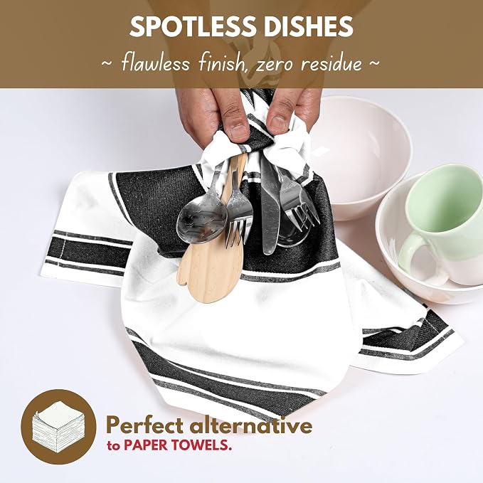 Native Fab Black Kitchen Towels 18 x 28 Inch, 6 Pack, Wide Stripe, Super Absorbent, Fast Dry, Soft, Cotton Dish Towels for Wiping Hands, Drying Dishes, Counter Cleaning Dish Cloth Set - Black