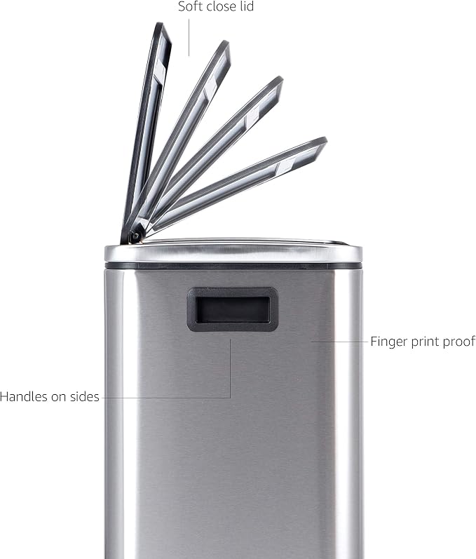 Amazon Basics 30L Dual Bin Soft-Close Trash can with Foot Pedal - 2 x 15 Liter Bins, Stainless Steel, Small Inner bins, Suitable for 1 or 2 People