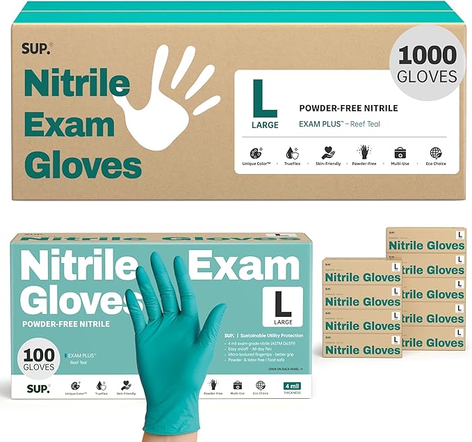 SUP Nitrile Exam Gloves, Powder-Free Latex-Free Food Safe Cooking Cleaning laboratory Disposable Medical Glove, Teal 1000 Ct