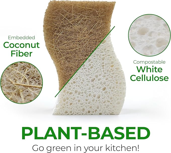 AIRNEX Natural Kitchen Cleaning Bundle - 12 Compostable Cellulose & Coconut Sponges & 10 Cellulose Swedish Dishcloths - Non-Scratch Dish Sponges & Reusable Absorbent Cleaning Cloths