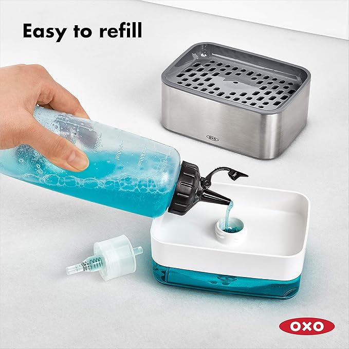 OXO Good Grips Stainless Steel Soap Dispensing Sponge Holder + Sinkware Caddy