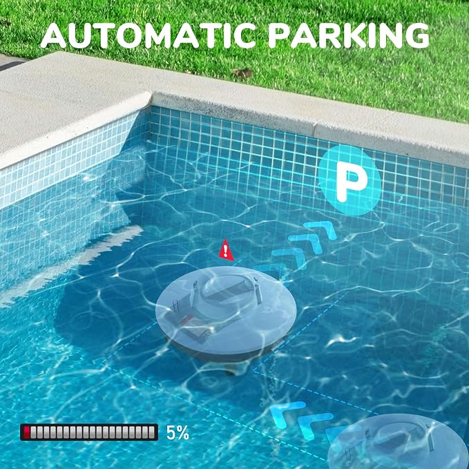 Robotic Pool Cleaner, Cordless Pool Vacuum with Dual-Drive Motors, Top Handle, Self-Parking Technology, Lightweight, Perfect for Above-Ground/In-Ground Flat Pools up to 645sq.ft (Lasts 90 Mins)