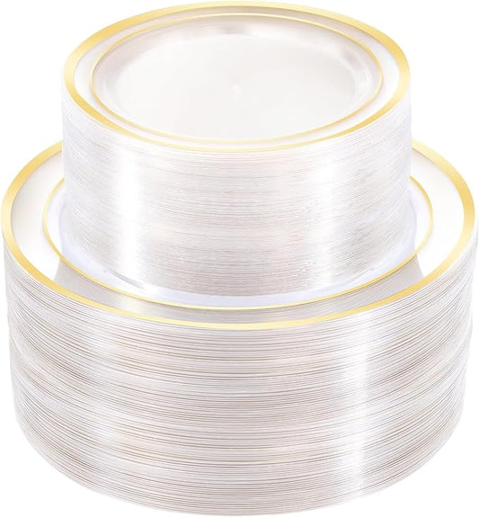 200 PCS Clear Gold Plastic Plates, Gold Rimmed Disposable Party Plates Include 100 Dinner Plate and 100 Dessert Plate Perfect for Party, Holiday, Birthday, Wedding