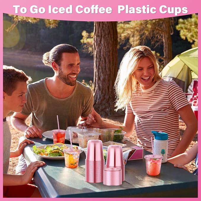 KesaPlan 50 Pack 12 oz Pink Plastic Party Cups with Lids and Straws, Disposable Iced Coffee Cup with Lids, Round Bottom Drinking Cups for Birthday Wedding Valentine's Galentine's Bachelorette Party
