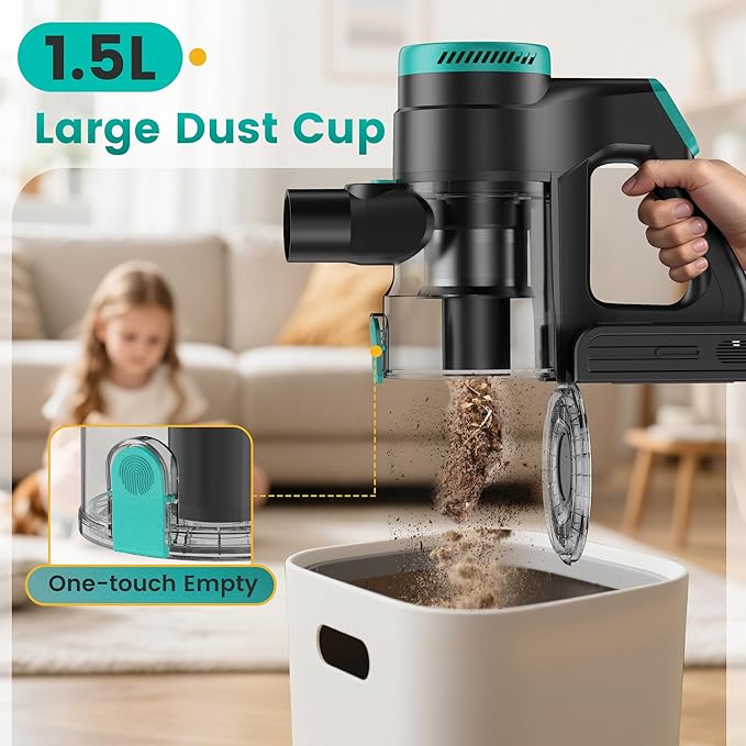 Zefiro 350W Cordless Vacuum Cleaner,45Mins Runtime Vacuum Cleaners for Home, Anti-Tangle and 1.5L Dust Cup, Lightweight Vacuum for Hardwood Floor Carpet Pet Hair (Green)