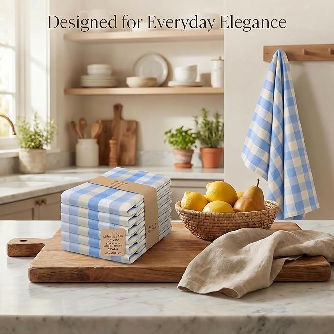 Urban Villa Kitchen Towels Set of 6 Blue Sand Buffalo Checks Kitchen Towels 20X30 Inches 100% Cotton Highly Absorbent Kitchen Towels Premium Quality Ultra Soft Mitered Corners KitchenTowels