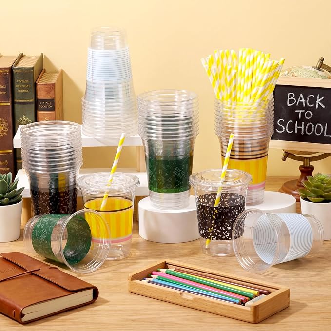 Vesici 50 Pcs Back to School Disposable Cups Bulk 16 oz Composition Notebook Pencil Plastic Drinking Cups with Lids and Straws for First Day of School Classroom Party Supplies