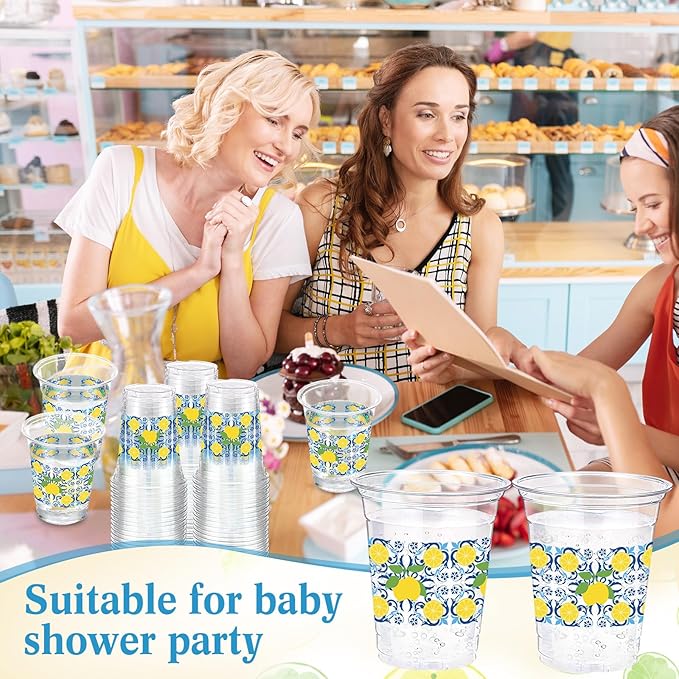Jingmore 100 Pcs Capri Lemon Plastic Cups 12oz Blue Tiles Yellow Lemon Disposable Clear Plastic Drinking Cups for Birthday Wedding Bridal Baby Shower Summer Citrus Fruit Party Decorations Supplies