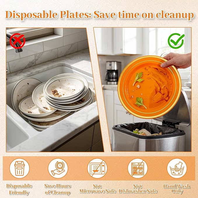 DaYammi 210PCS Orange Plastic Dinnerware Set Orange Plates Disposable Disposable Plates for Party Include: 30 Dinner Plates,30 Dessert Plates,30 Pre Rolled Napkins with Silverware,30 Cups for Wedding