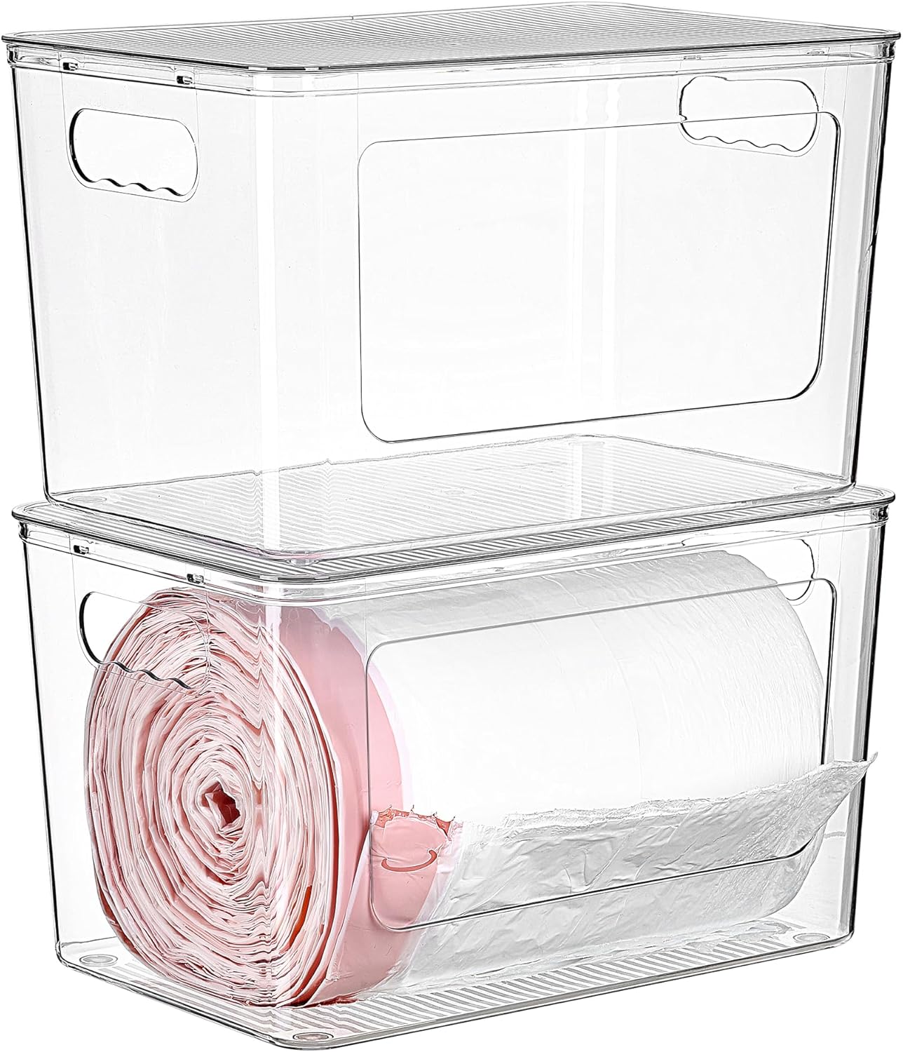 Vtopmart 2 Pack Trash Bag Holder, Stackable Garbage Bag Dispenser for 13/30/33 Gallon Bags, Clear Organizer Bins for Under Kitchen Sink, Laundry Room Organization and Storage